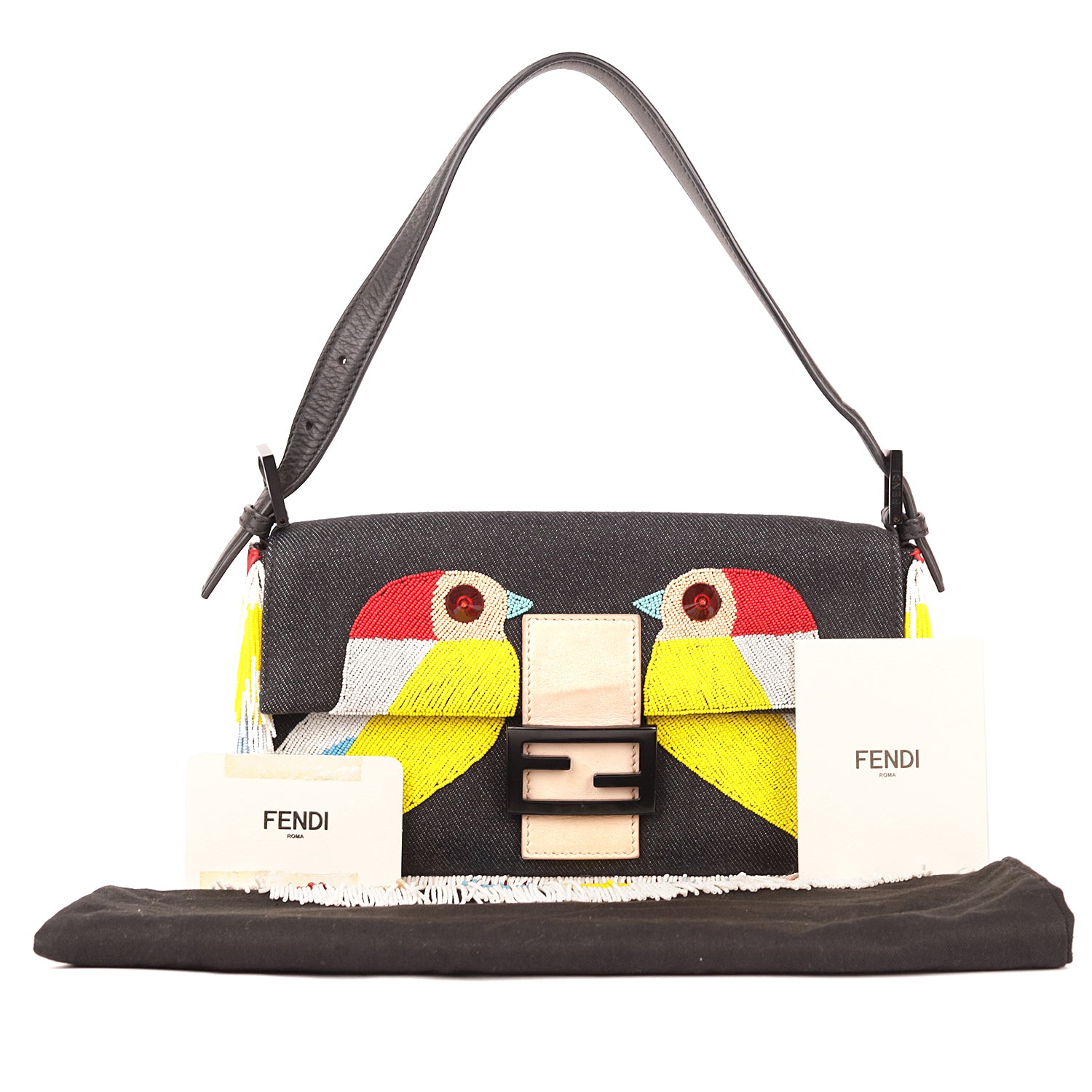 Fendi Denim Multicolor Beaded Fringe Qutweet Bird Baguette Bag