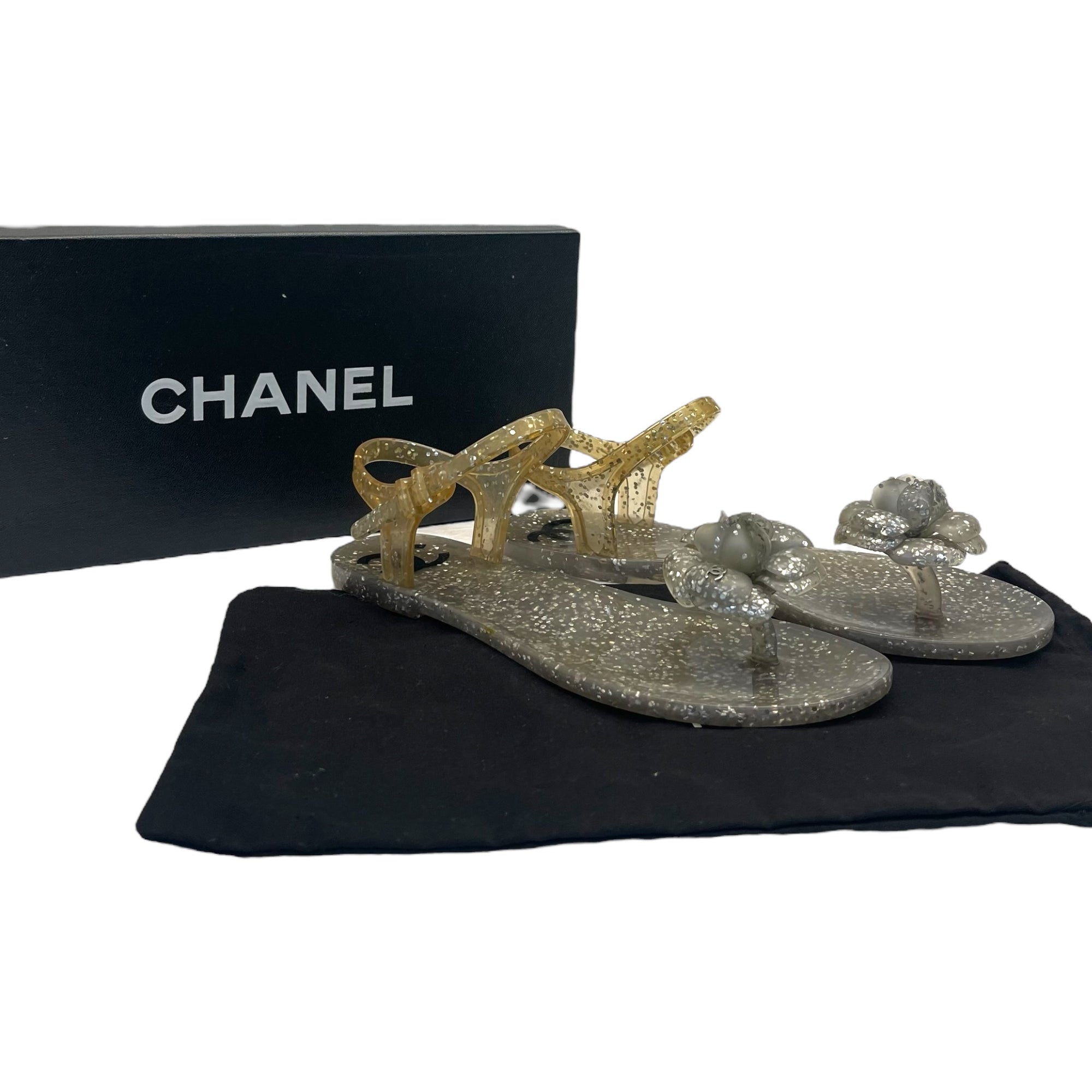 Chanel Grey Glitter Jelly Camellia Flat Sandals Size EU 36