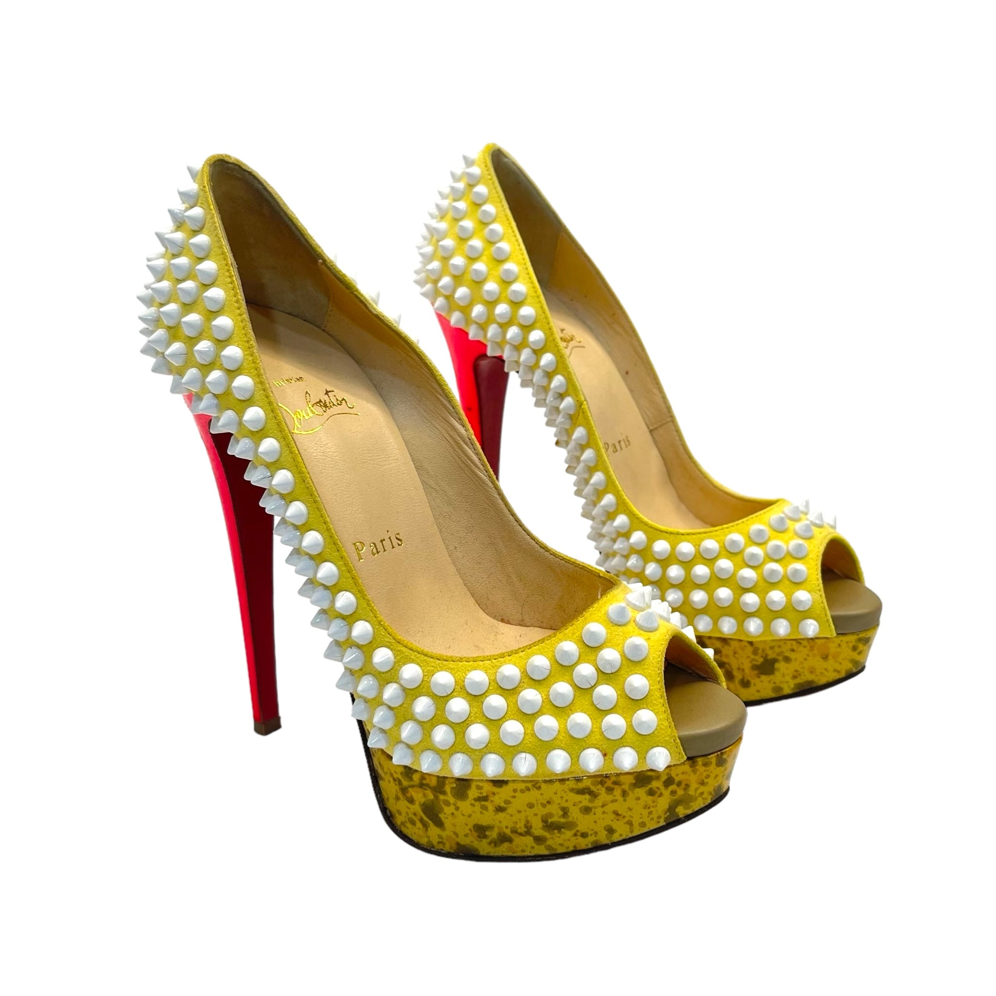 Christian Louboutin Yellow Suede Lady Peep Spikes Pumps Size EU 37 The Luxury Pop