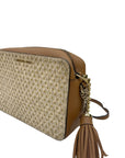 Michael Kors Beige/Tan Signature Star Cut-Out Coated Canvas and Leather Jet Set Crossbody Bag