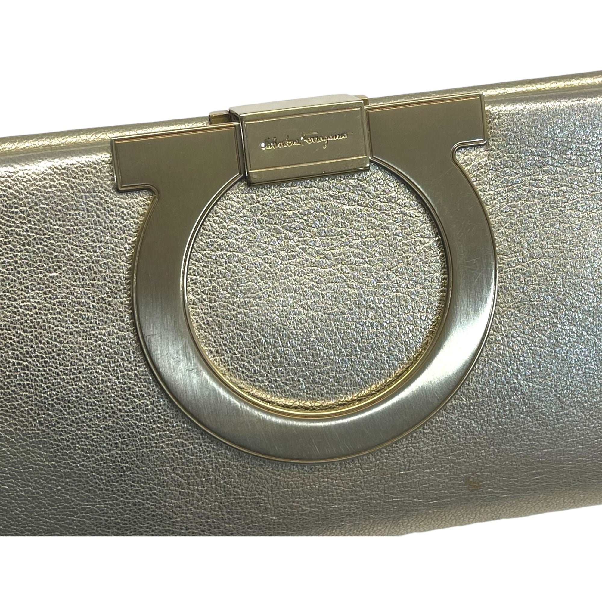 Salvatore Ferragamo Metallic Beige Leather Musa Gancini Clutch