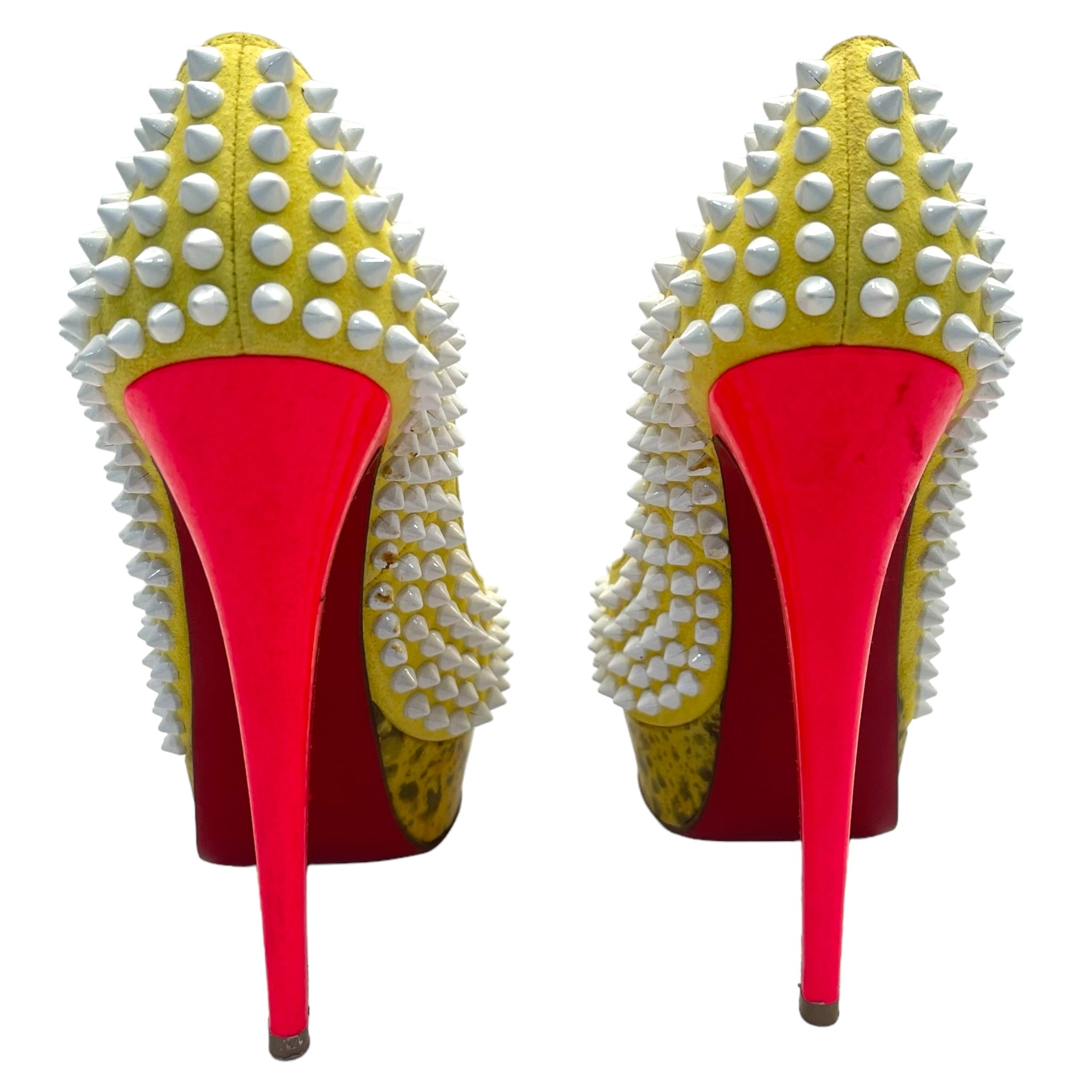 Christian Louboutin Yellow Suede Lady Peep Spikes Pumps Size EU 37 The Luxury Pop