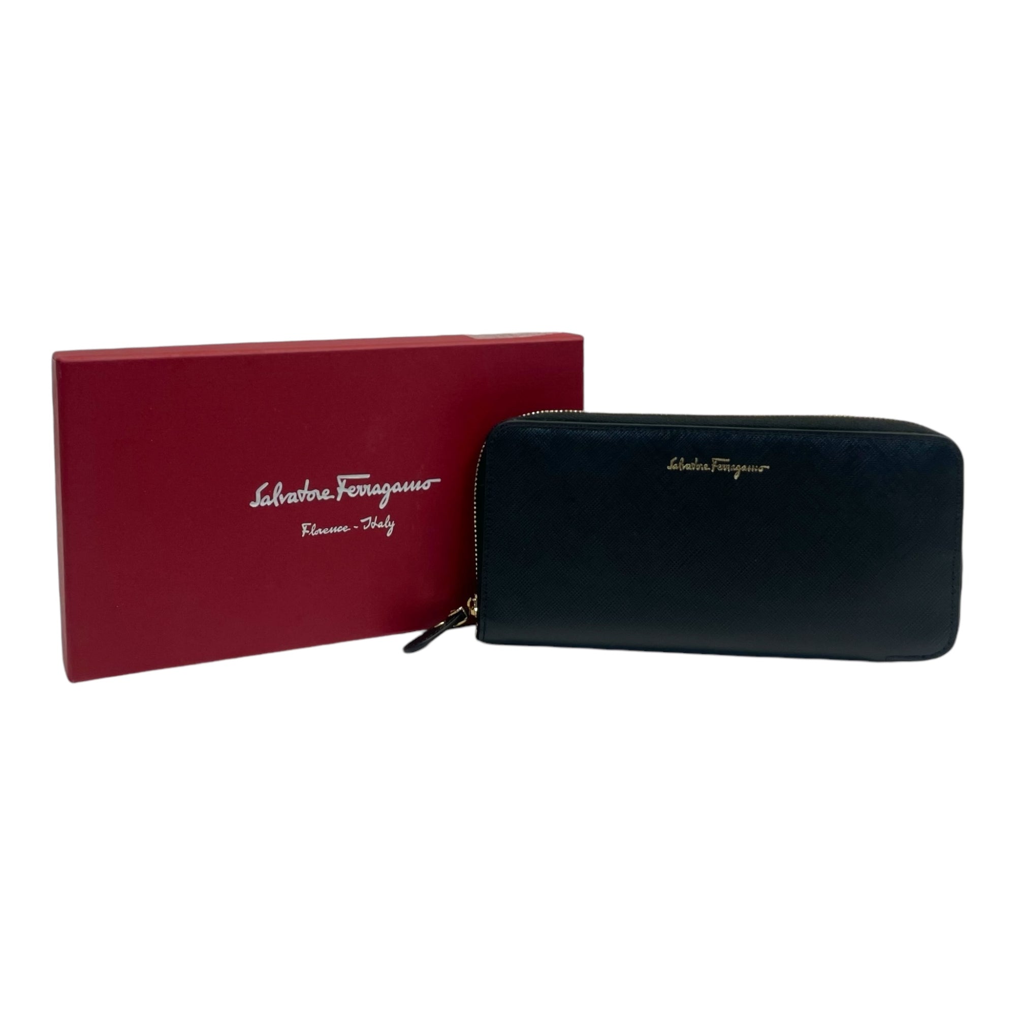 Salvatore Ferragamo Black Leather Zip Around Wallet