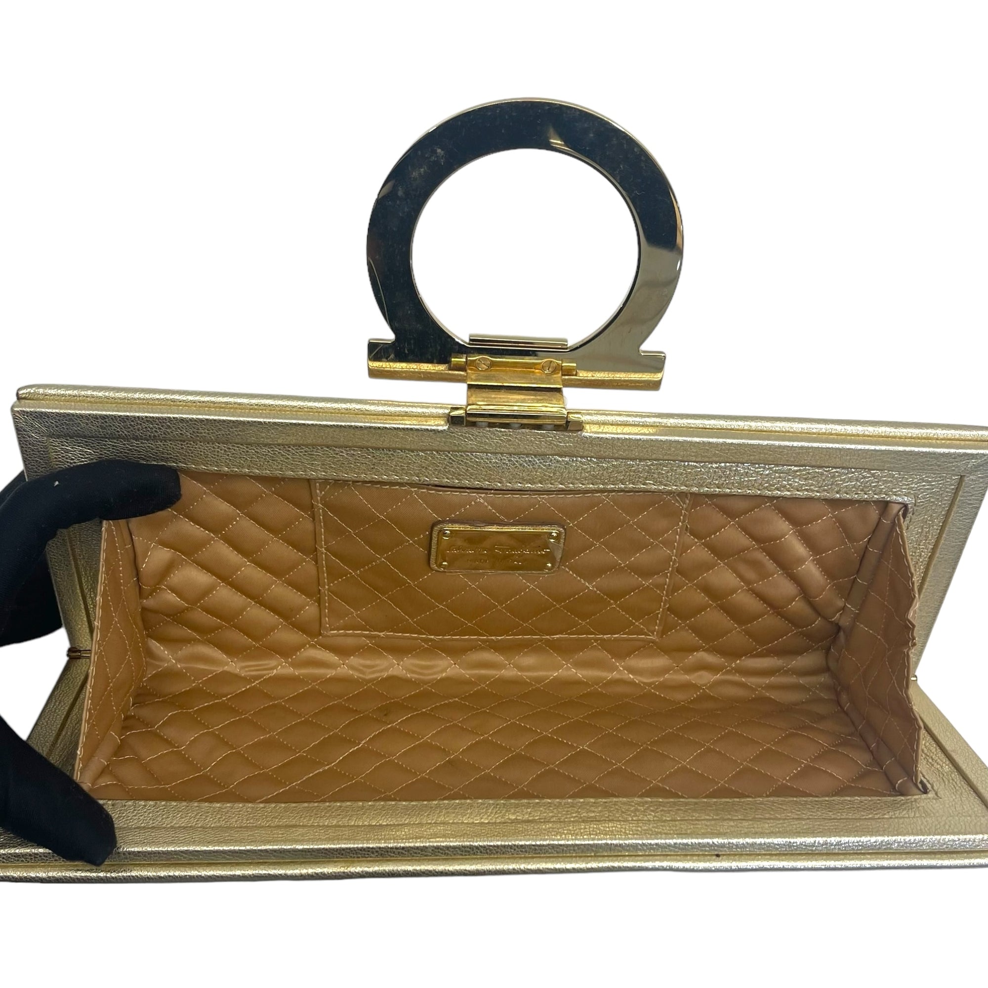 Salvatore Ferragamo Metallic Beige Leather Musa Gancini Clutch