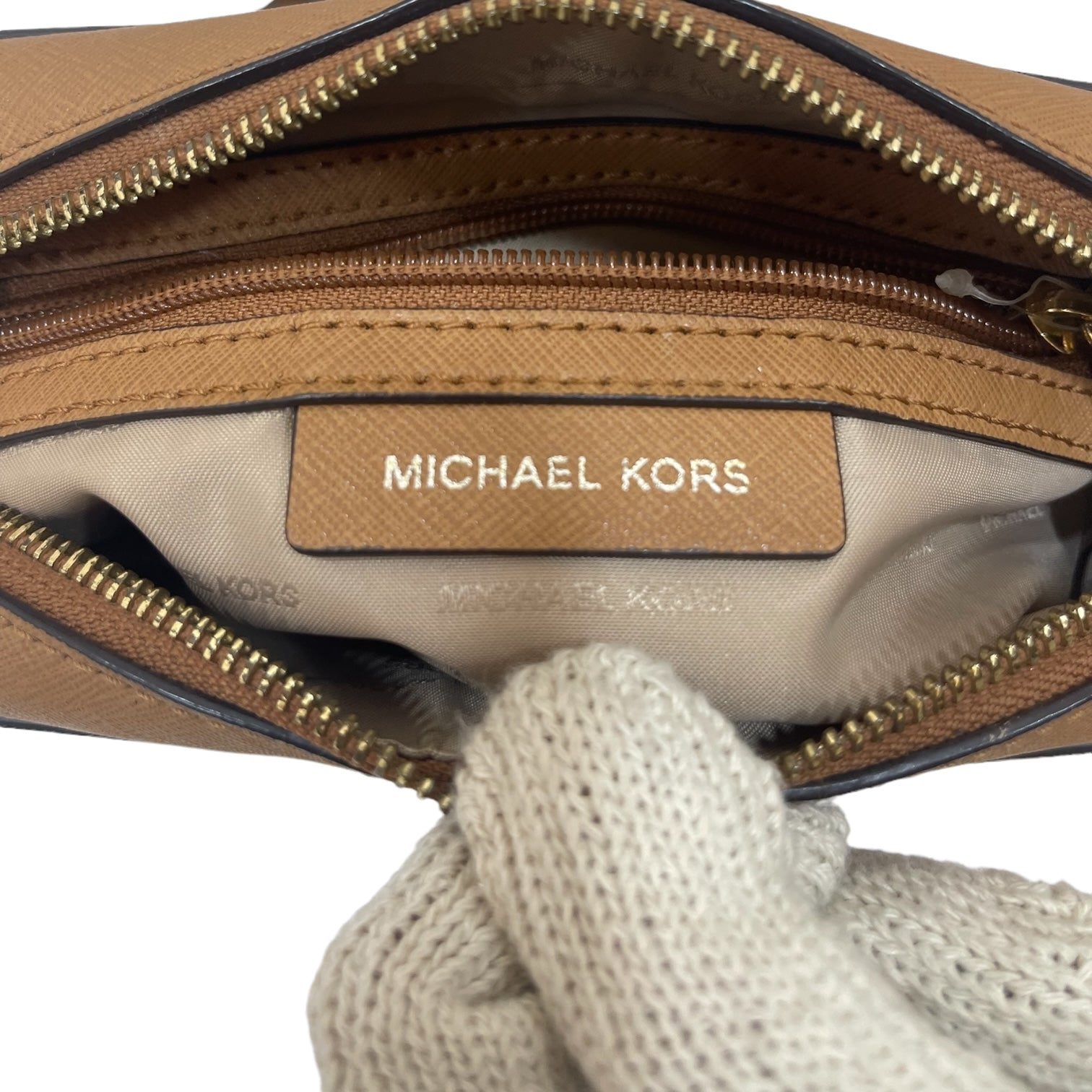 Michael Kors Beige/Tan Signature Star Cut-Out Coated Canvas and Leather Jet Set Crossbody Bag