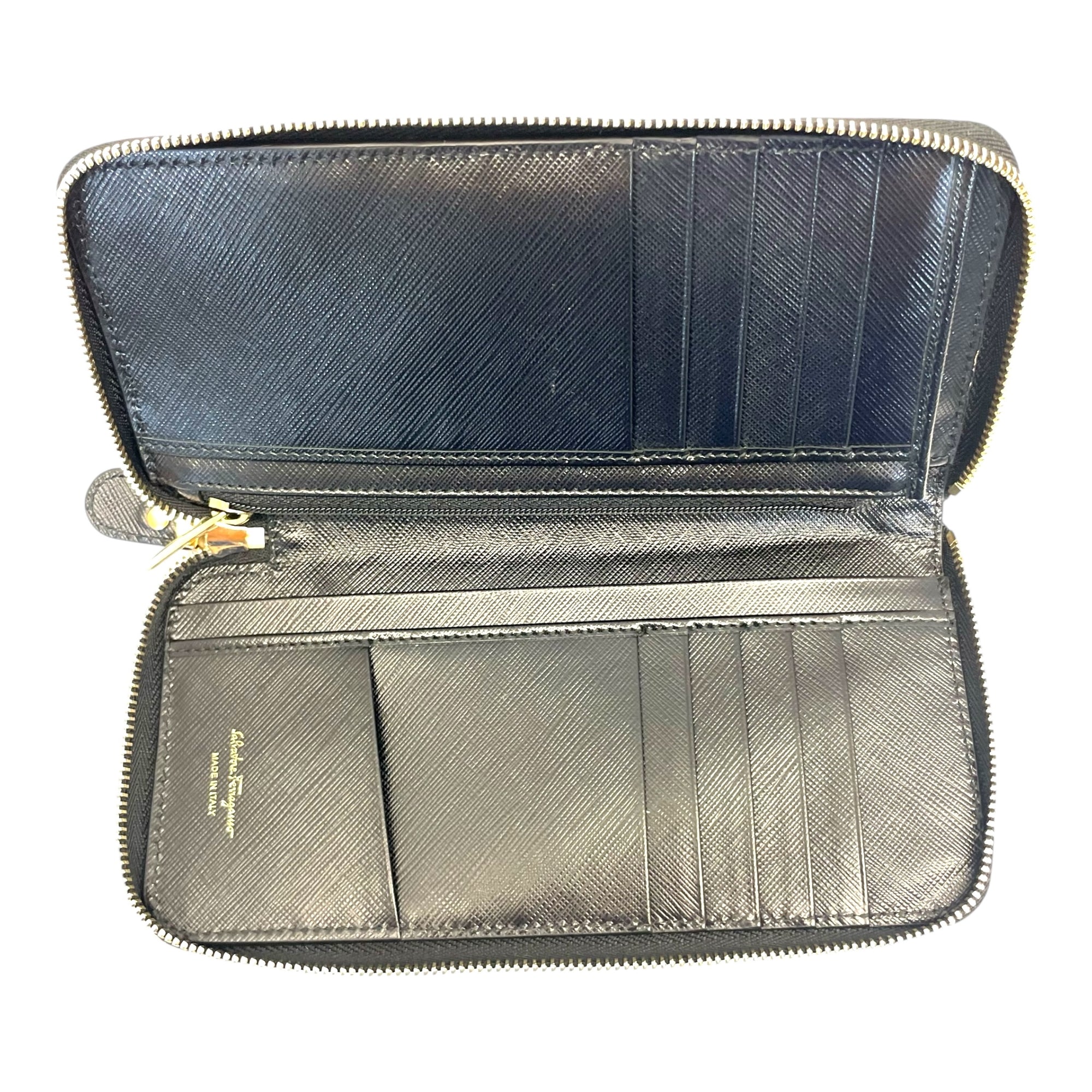 Salvatore Ferragamo Black Leather Zip Around Wallet