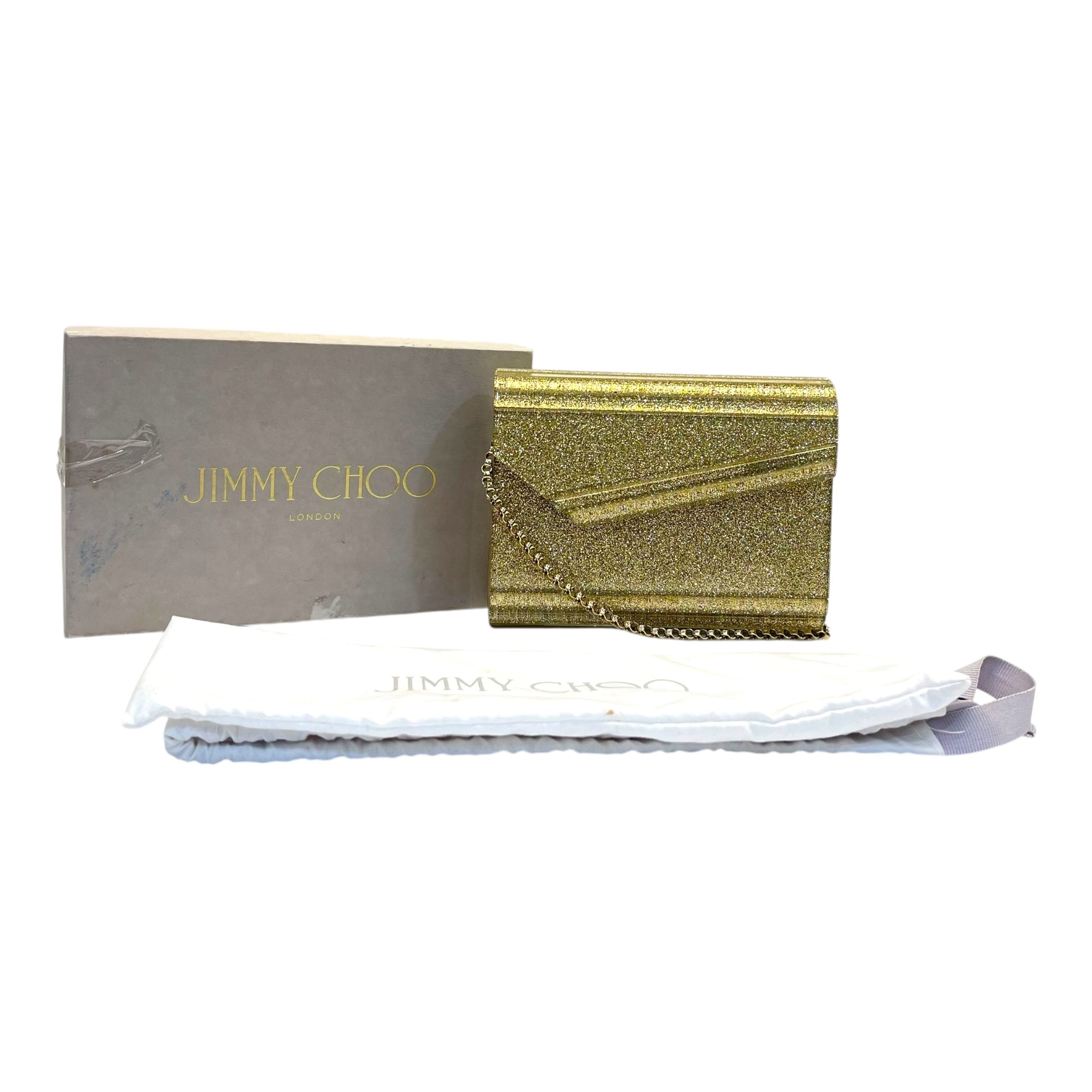 Jimmy Choo Candy Gold Glitter Acrylic Chain Clutch