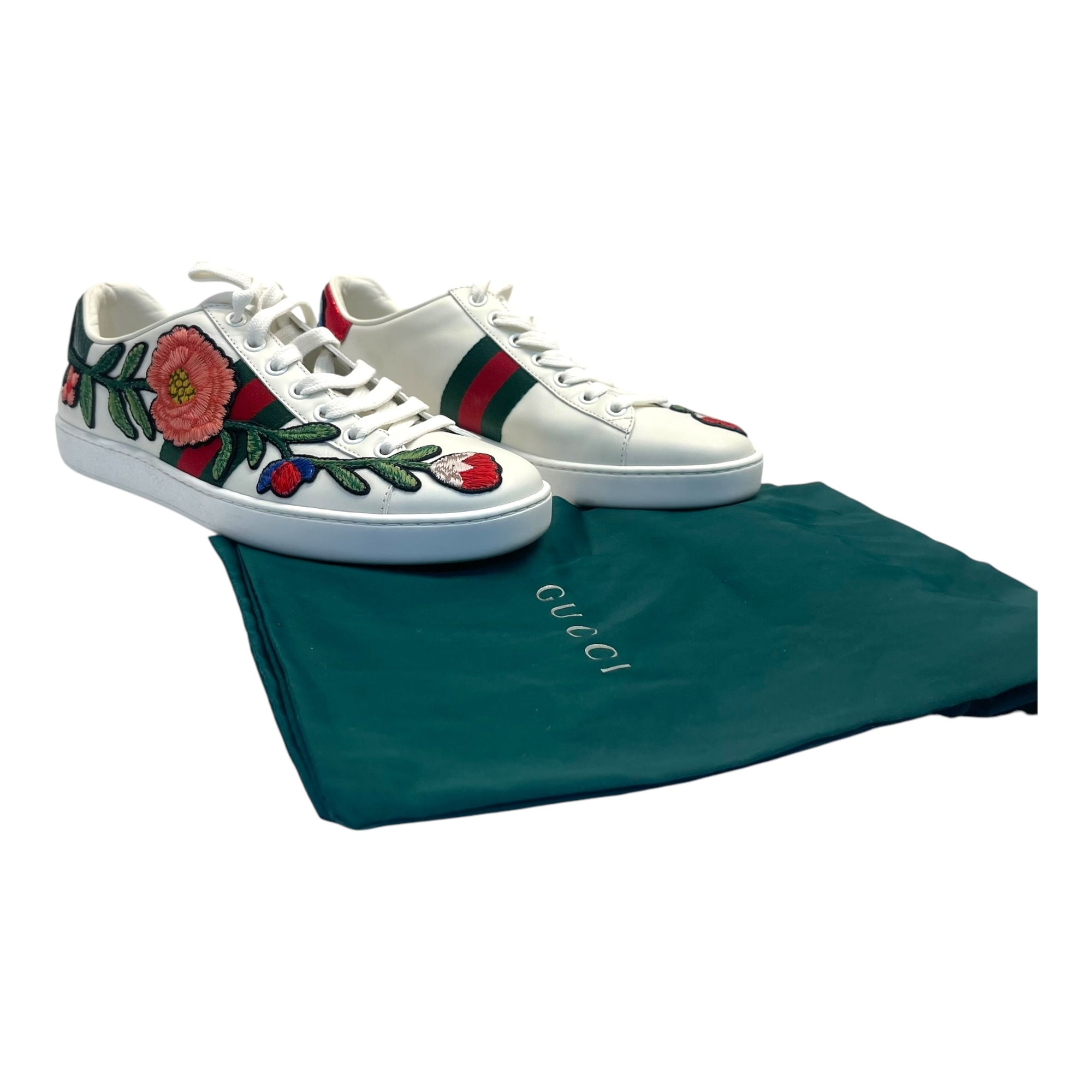 White Leather Ace Floral Embroidered Sneakers