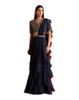 Ridhi Mehra Navy Blue Chiffon  Organza Draped Saree Set