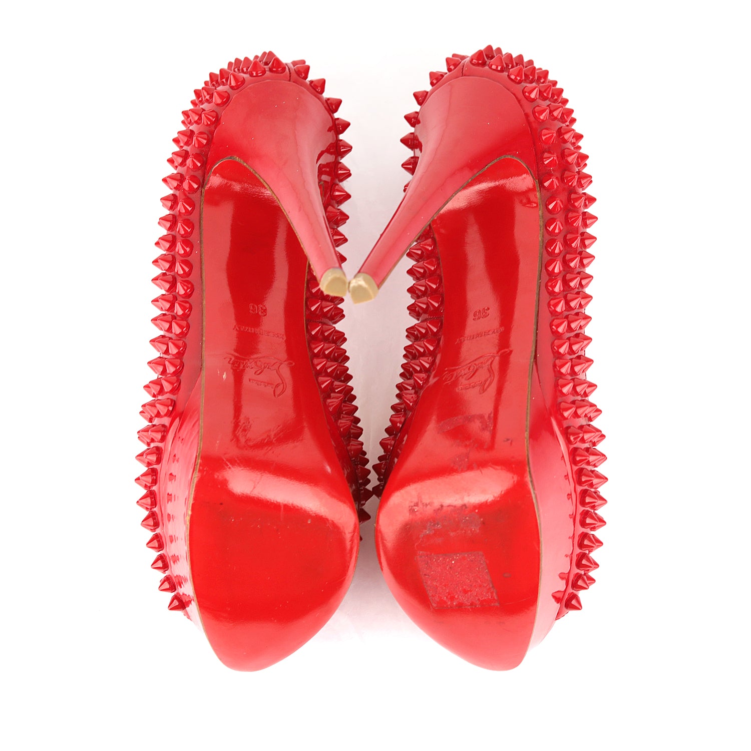 Christian Louboutin Red Patent Leather Pigalle Spikes Platform Pumps - Size EU 36