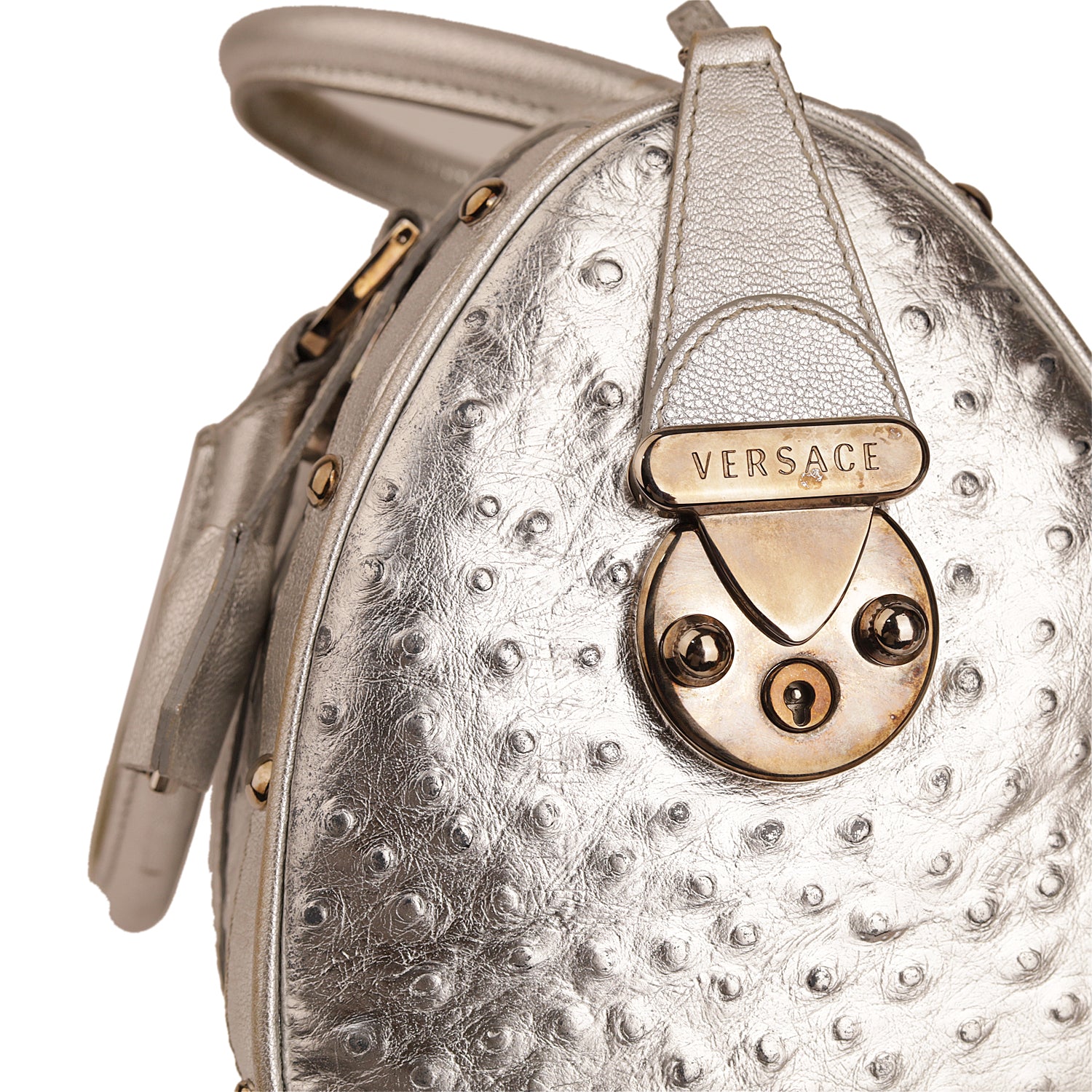 Versace Silver Ostrich Embossed Leather Snap Out Of It Satchel