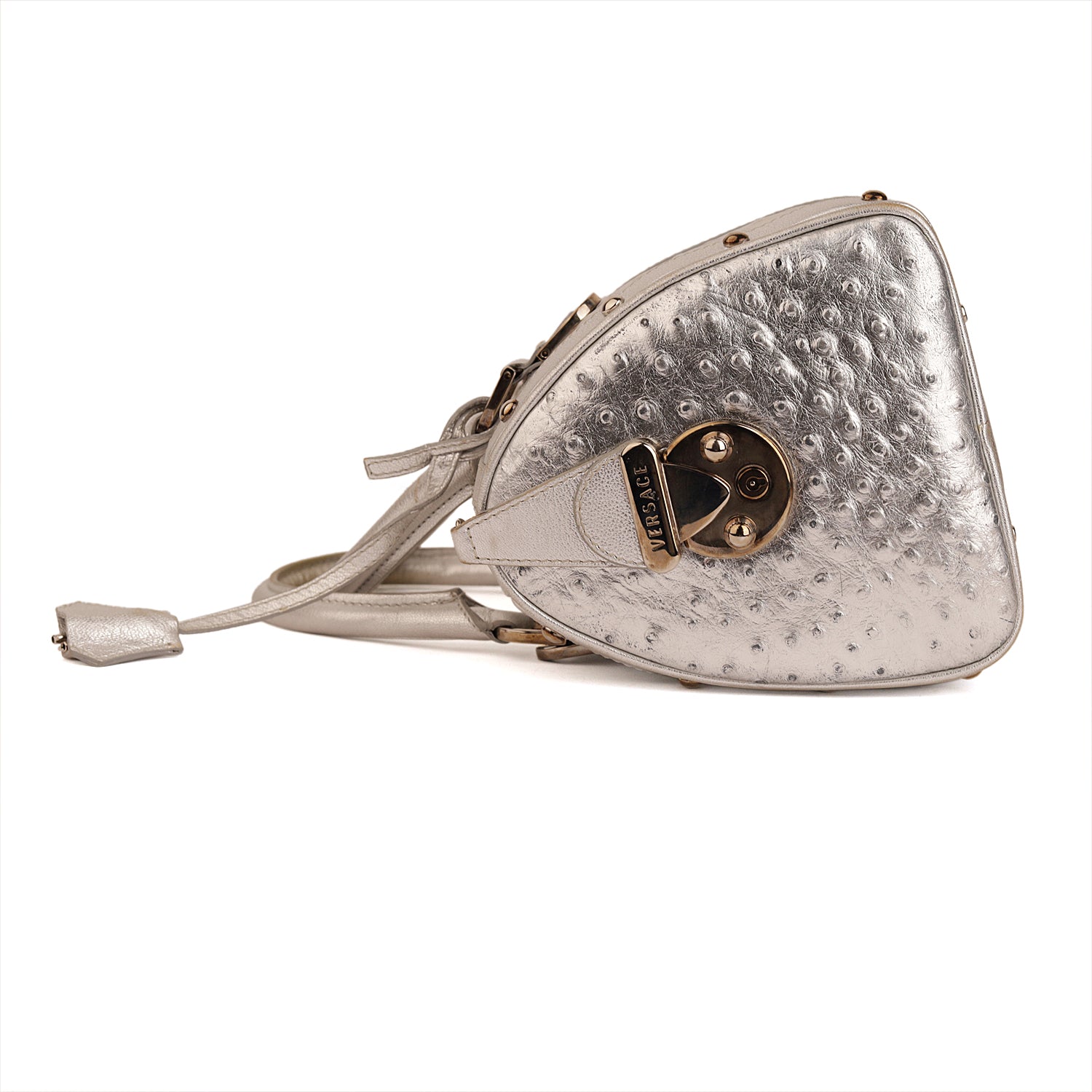 Versace Silver Ostrich Embossed Leather Snap Out Of It Satchel