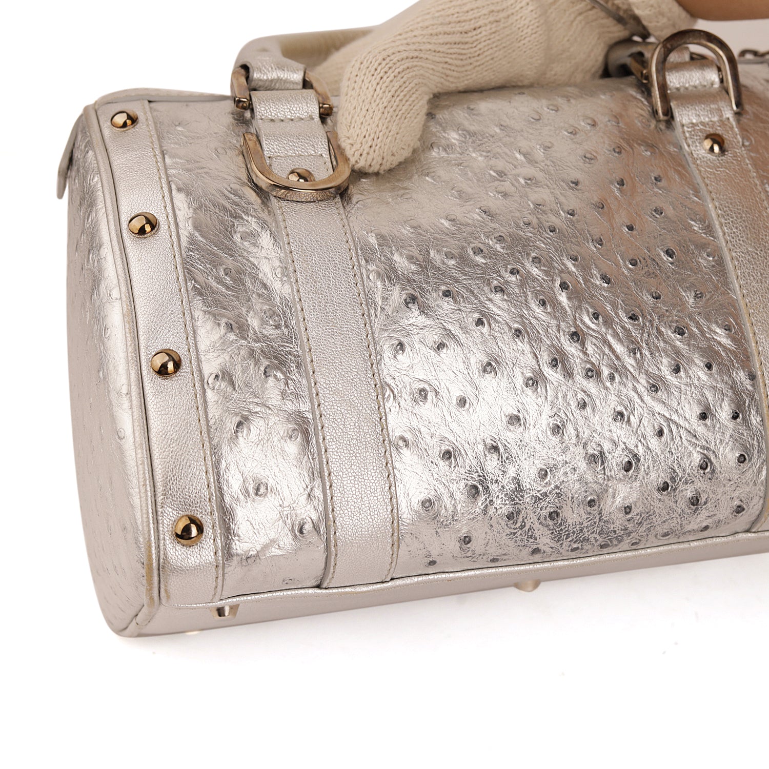 Versace Silver Ostrich Embossed Leather Snap Out Of It Satchel