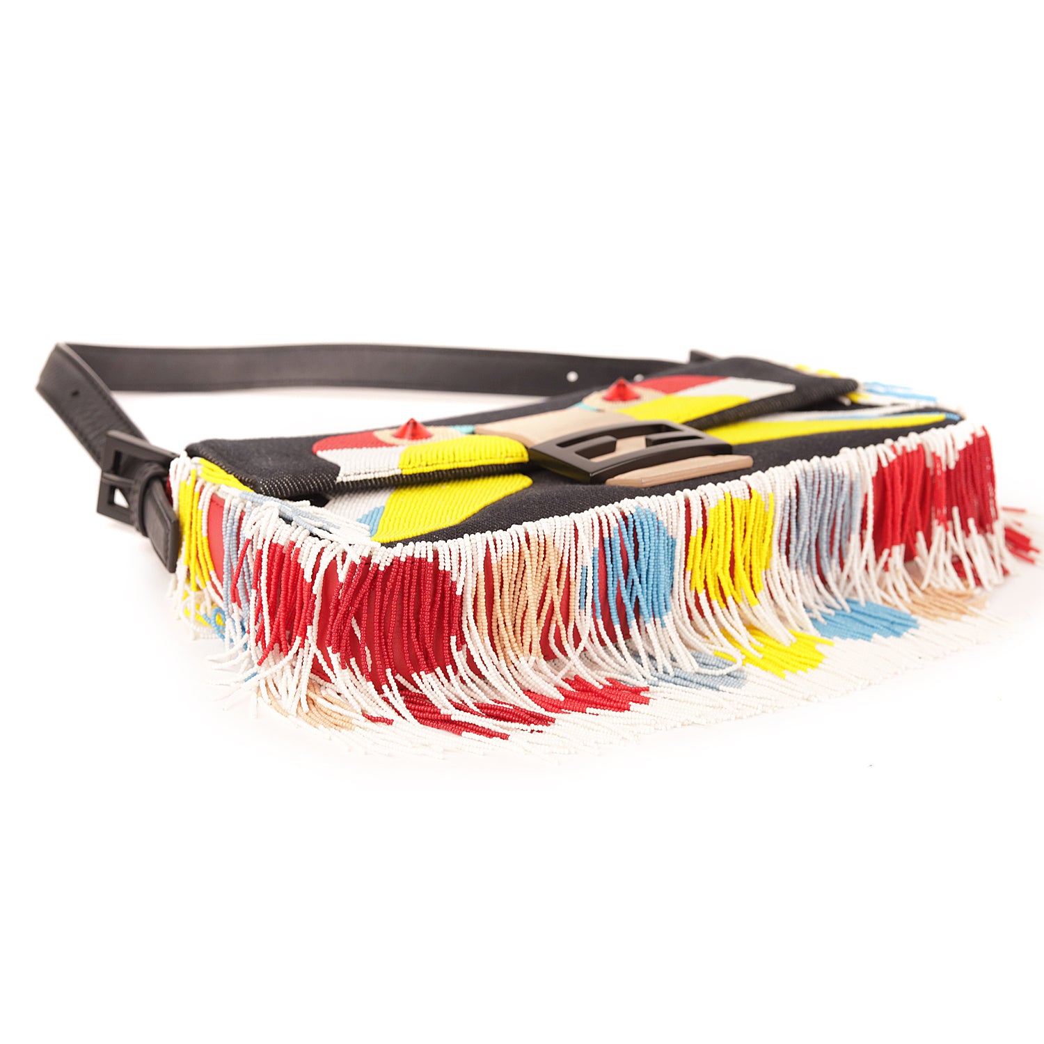 Fendi Denim Multicolor Beaded Fringe Qutweet Bird Baguette Bag