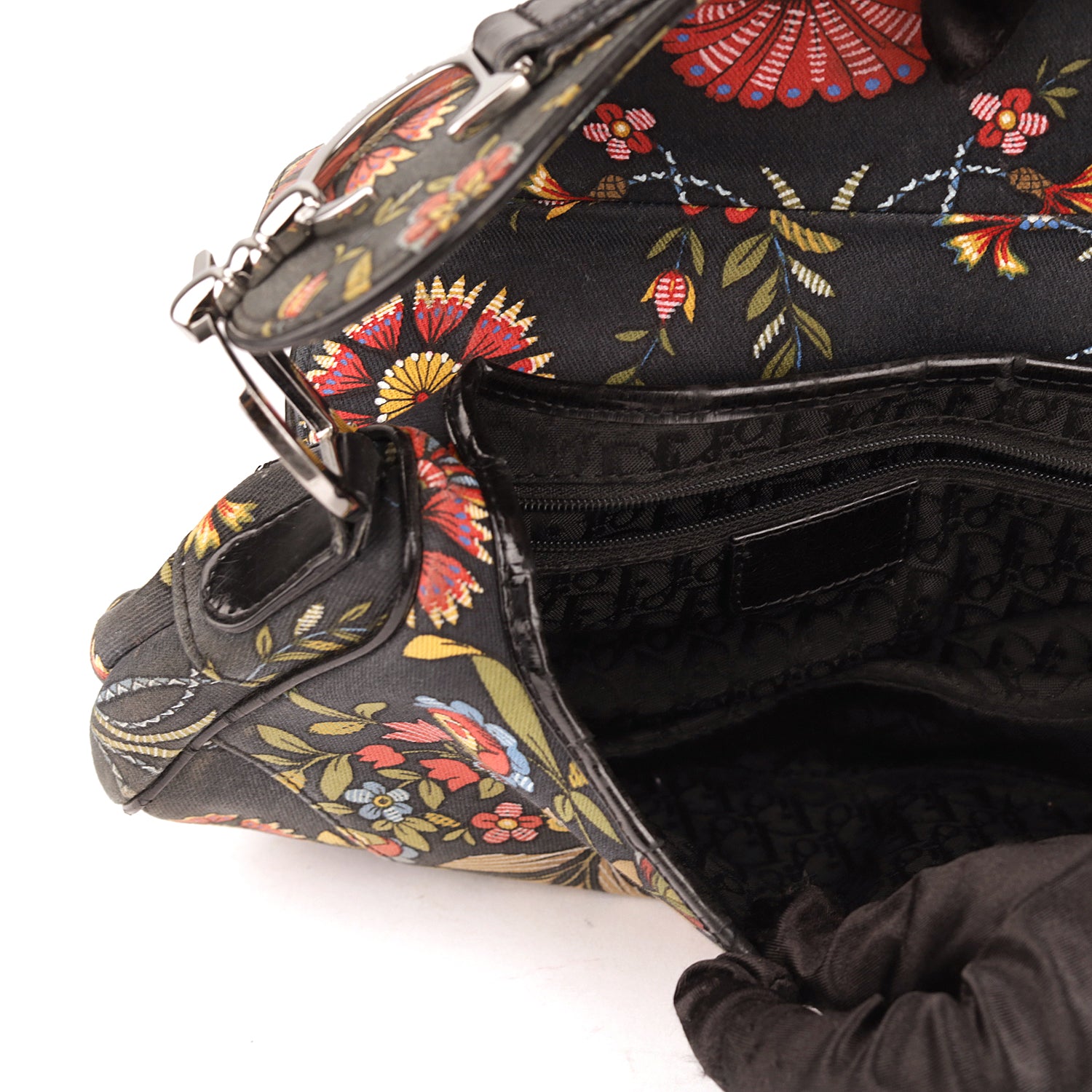 Christian Dior Black Canvas And Leather Vintage Floral Print Saddle Bag