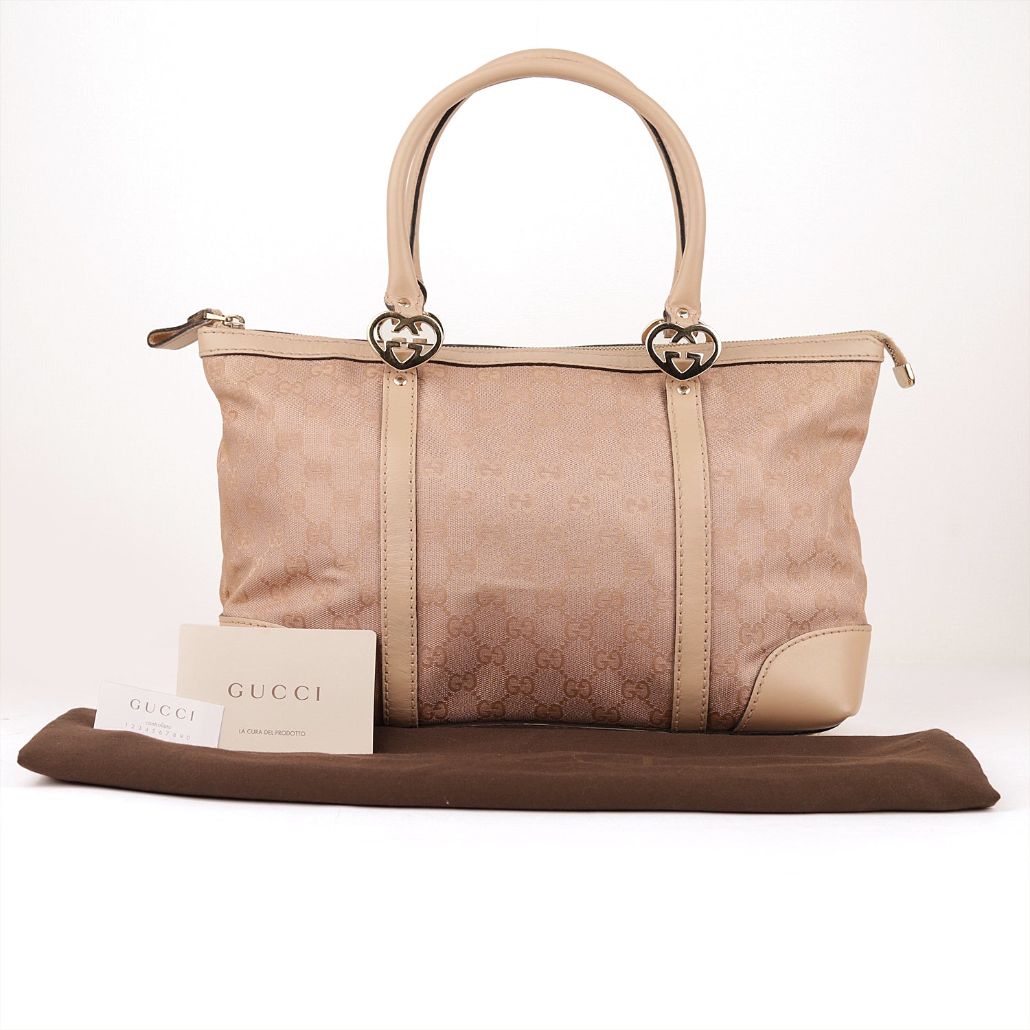 Gucci Beige/Rose Gold Metallic GG Fabric &amp; Leather Tote